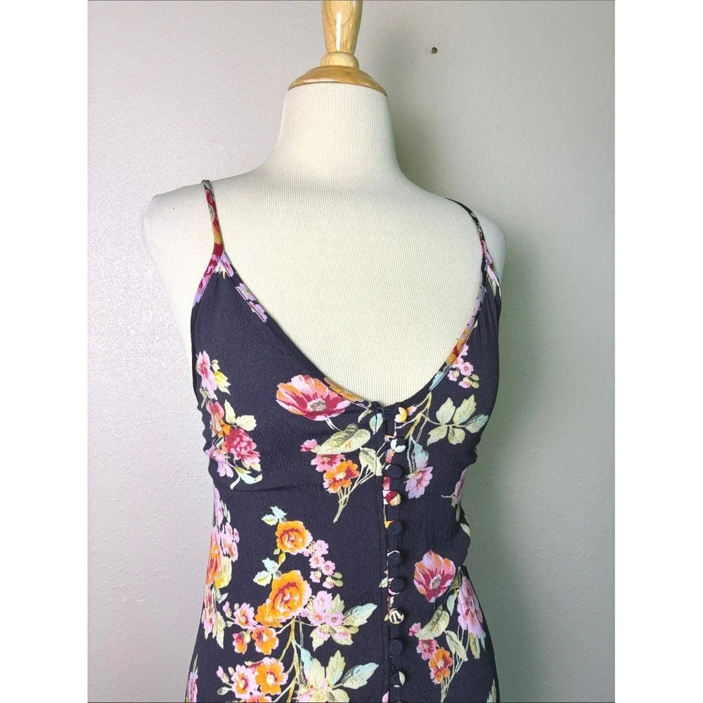 FLINN SKYE Small Black Floral Spaghetti Strap Hi Low Dress Y2K Button‎ Front USA